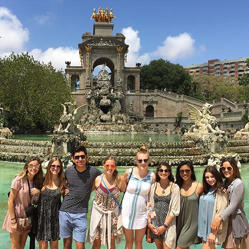 Iona students at a fountain in Barcelona.