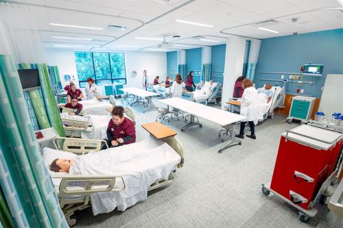 Nursing students work in a simulation lab.