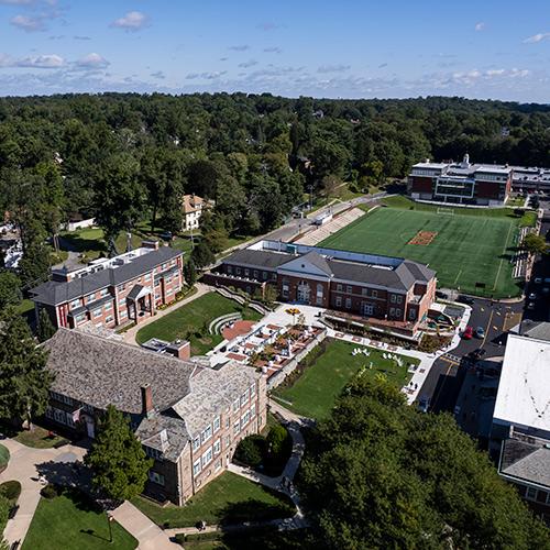 A drone image of Iona's New Rochelle campus on a sunny day.