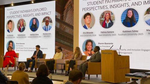 Students on stage at Morgan Stanley presenting.