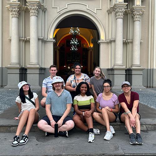 Students in front of a church in Peru.