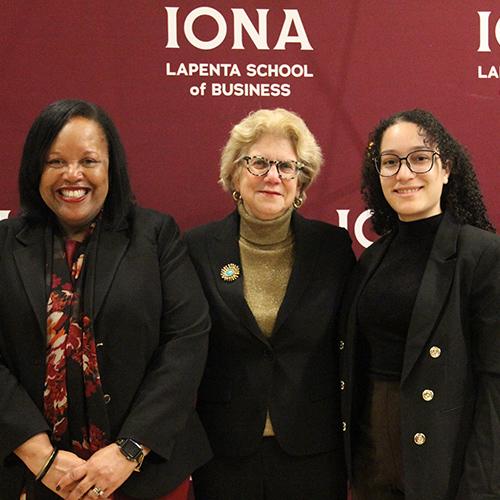 Dr. Alison Munsch, New York State Senator Shelley Mayer, Shakinah Silverberg  ’24. 