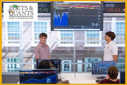 Students give a presentation in the LSB trading floor with the Poets&Quants logo.