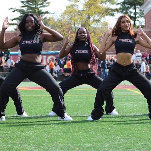 Iona University Gold Line dancing at Homecoming Weekend 2025 on the Mazzella Field.