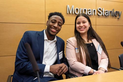 Two students at an on-site visit at Morgan Stanley.