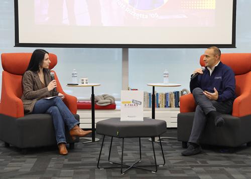 Matt Rizetta, founder of Underdog Global Partners, speaks to a classroom of students during the Hynes Institute E-Talk series at Iona University.