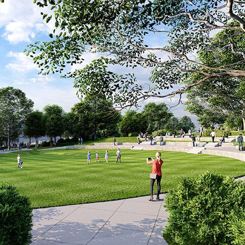 An artist rendition of people enjoying the Mehmel Green.