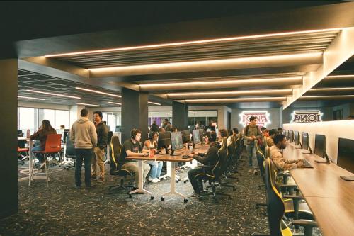 An artist rendering of people working in the new media studio.