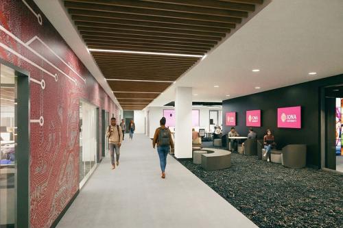 An artist rendering of students walking in the Media center.