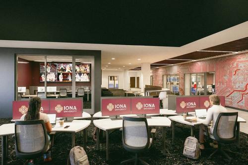 An artist rendering of students at work stations in the new media center.
