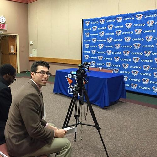 Anthony Carlo covering a Westchester Knicks press conference.