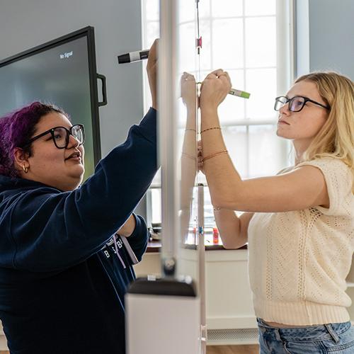 Two students work at a whiteboard for Education in Real Life.