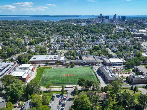 Iona's New Rochelle campus with the skyline in the background.