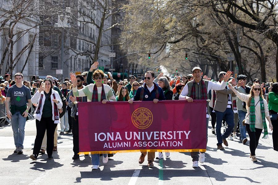 The Iona alumni association marches up fifth avenue at the 2024 St. Patrick's Day parade.